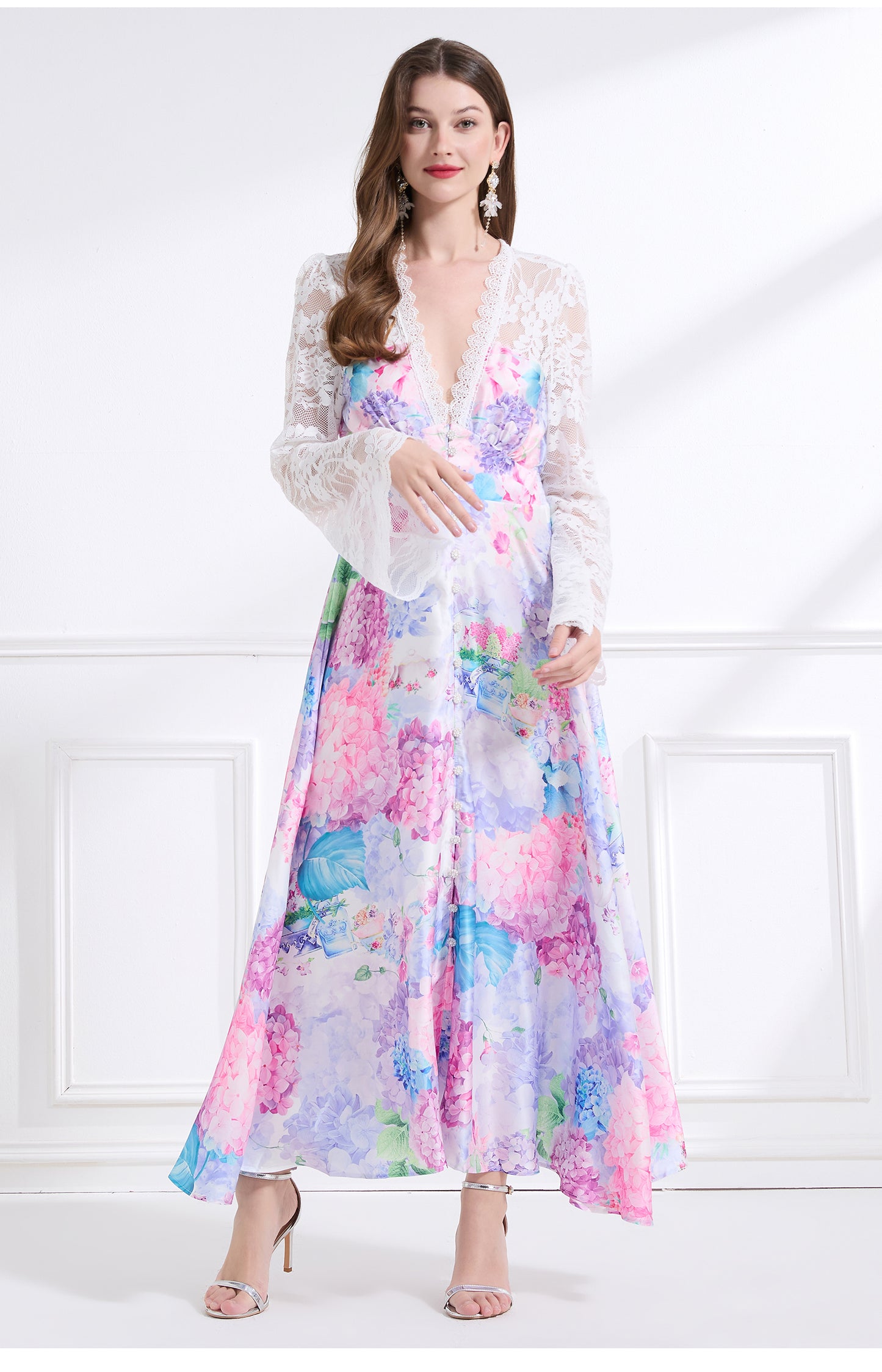Original design - spring and summer resort style lace patchwork print waist maxi skirt ruffle dress