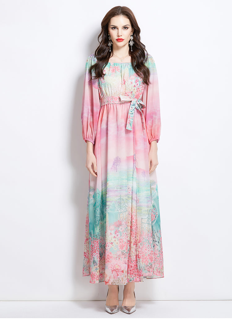 Original Design Spring/Summer Retro Flower One Shoulder Long Dress