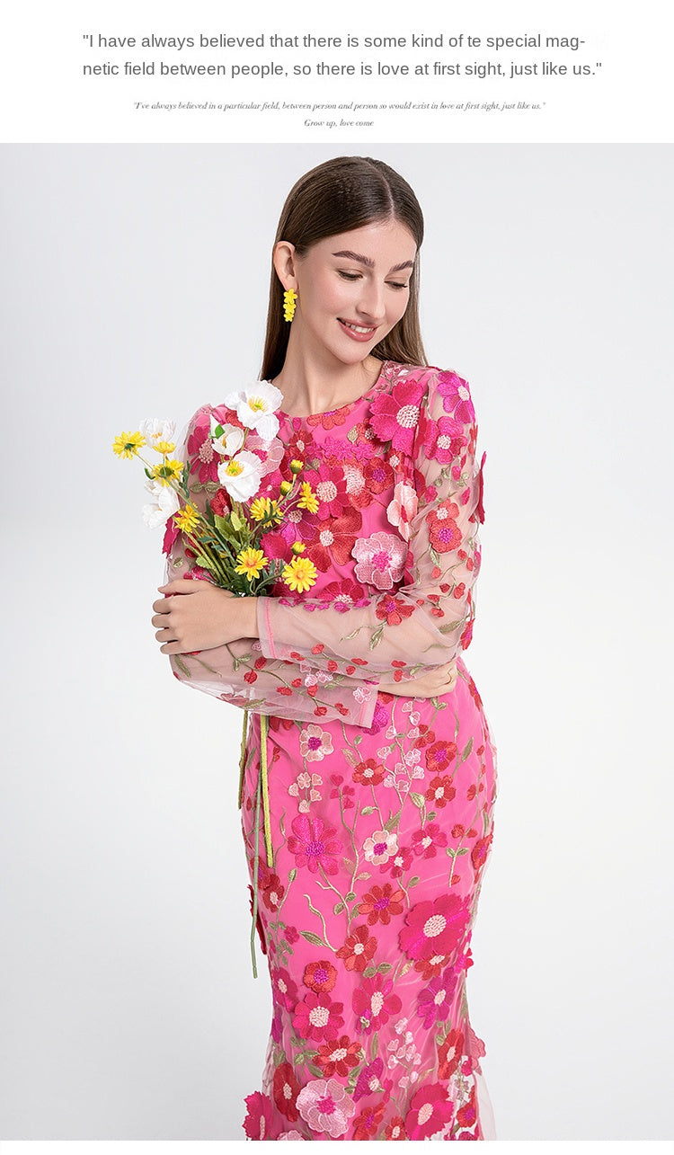 Original Design Heavy Industry Boutique Color Embroidered Handmade Three Dimensional Flower Slimming Fishtail Skirt Temperament Dress
