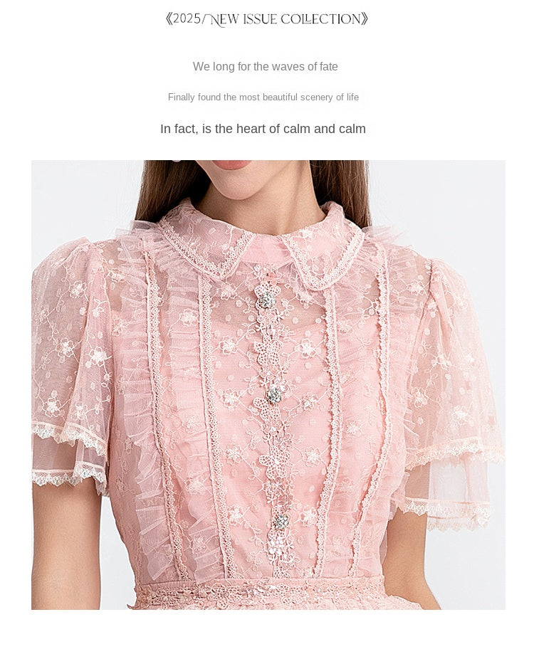 Original design short sleeved French sweet lace lace cake skirt with nail and diamond waist cinching temperament dress