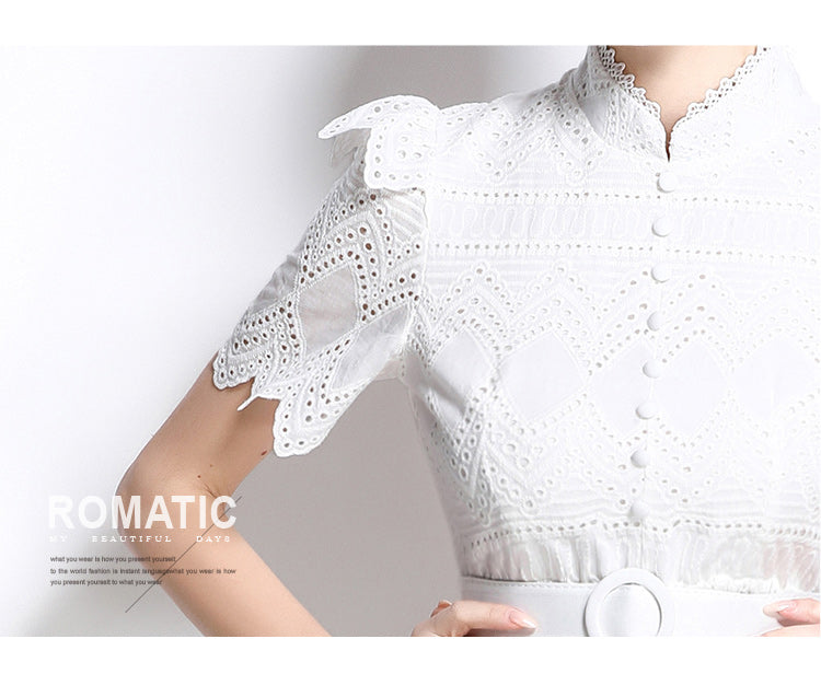 Original design elegant patchwork waist cinching short sleeved dress