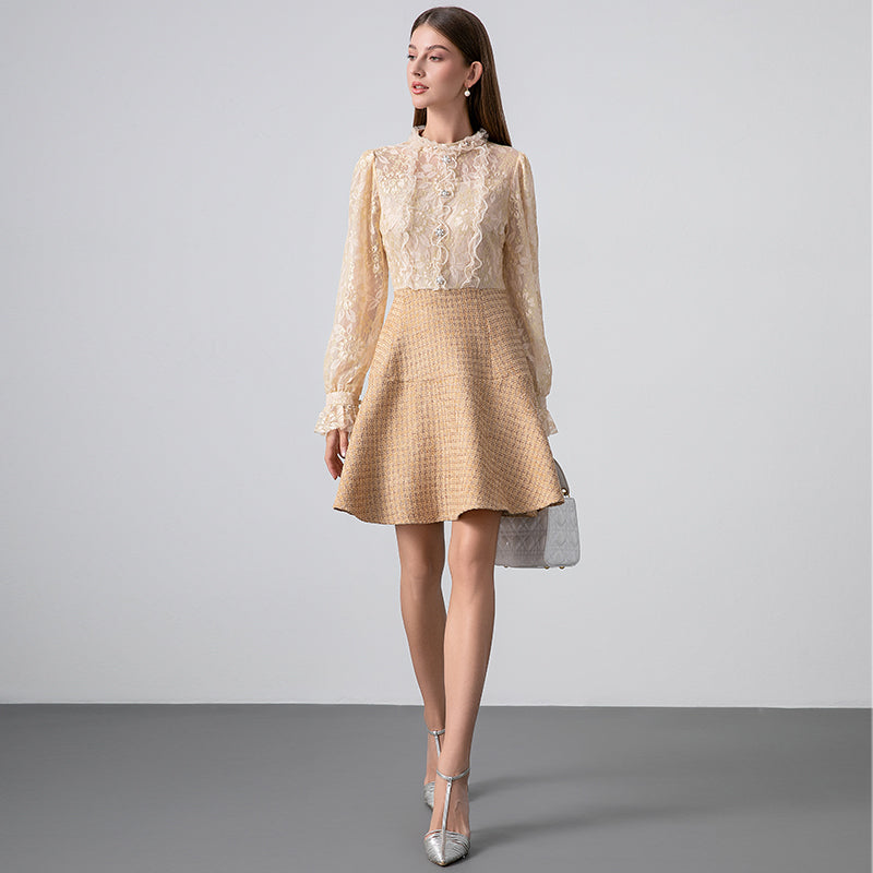 Original Design Heavy Industry Boutique Lace Splicing Coarse tweed Temperament Fake Two Small Fragrant Nail Bead Dresses