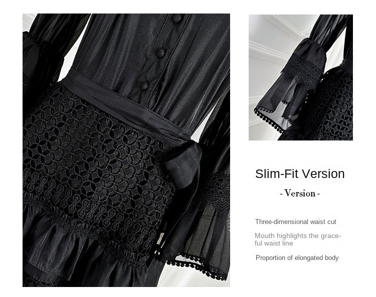 French retro court-style cut-out lace patchwork with fungus trim and flared sleeves at the waist