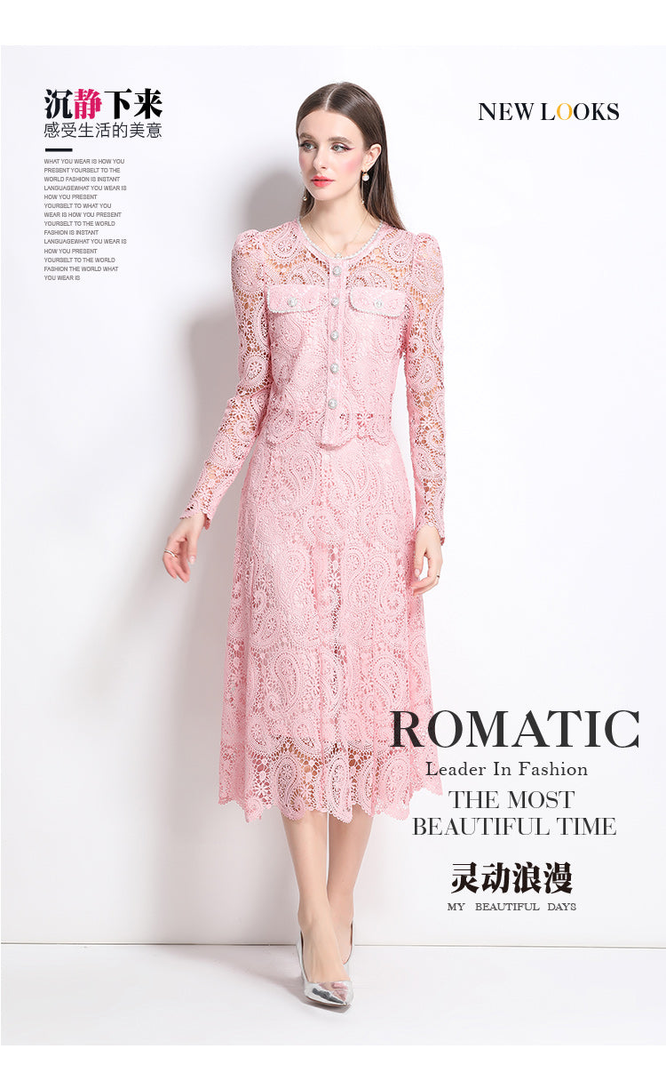 Original design for spring and summer small fragrance style set light luxury and high-end water-soluble lace skirt two-piece set