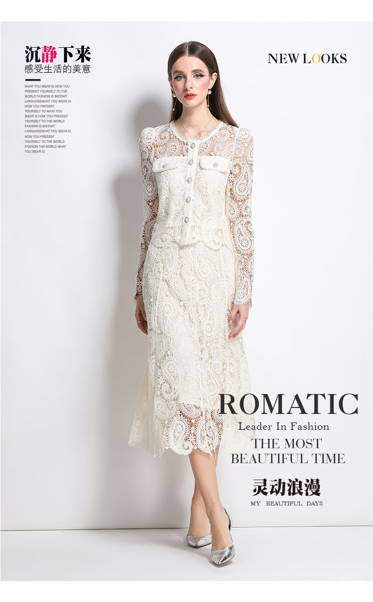 Real shot spot8583# New Style Chanel-Inspired Set Light Luxury High-End Water-Soluble Lace Skirt Two-Piece Set