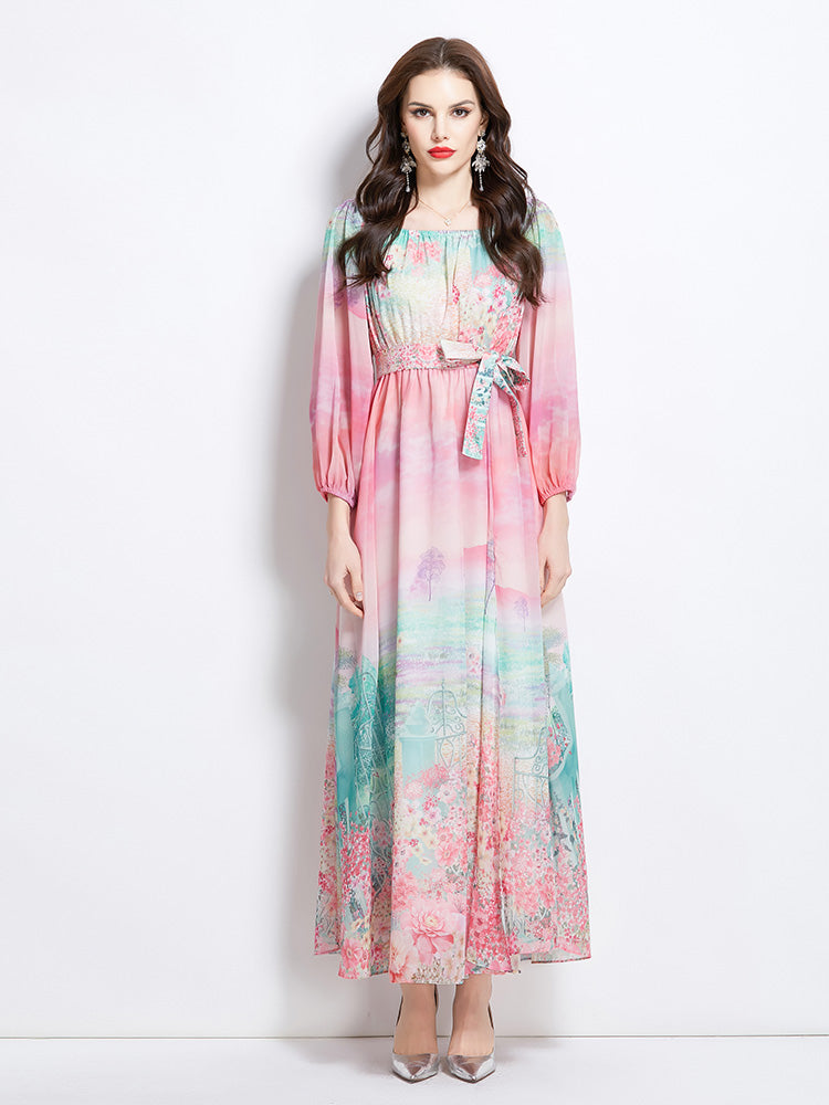 Original Design Spring/Summer Retro Flower One Shoulder Long Dress