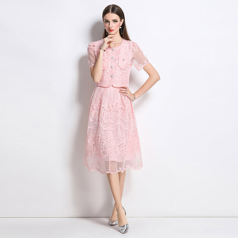 Original design for spring and summer small fragrance style set light luxury and high-end water-soluble lace skirt two-piece set