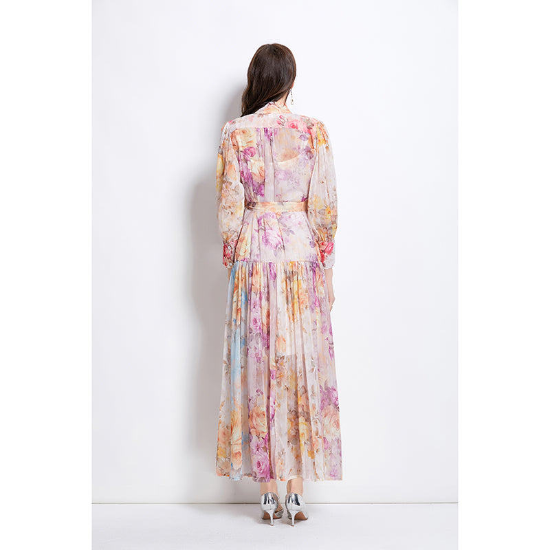 Original design: Spring/Summer ethnic style retro stand up collar lantern sleeve printed dress