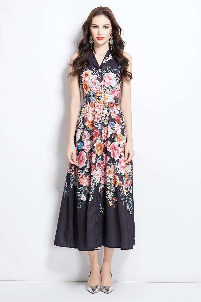 Original Design Spring/Summer Vacation Flower Oil Painting Style Shirt Long Dress