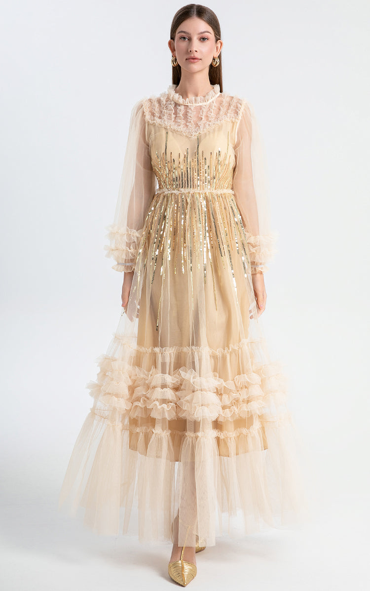 Meizhonggong embroidered sequins mesh stitching fungus edge temperament dress dress