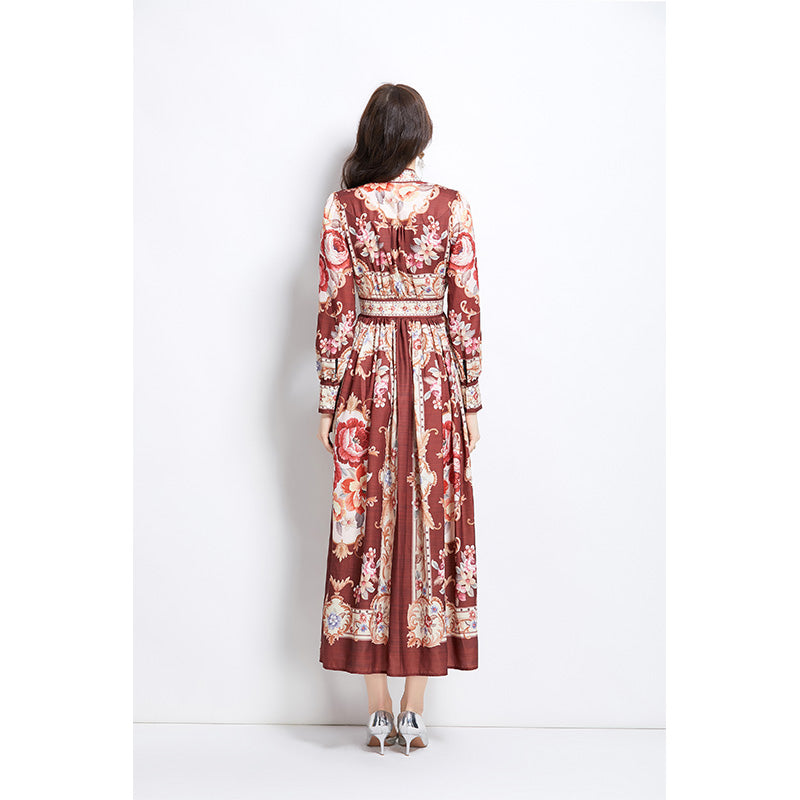 Original Design Spring/Summer Classical Palace Style Printed Flower Bouquet Waist Single breasted Long Dress