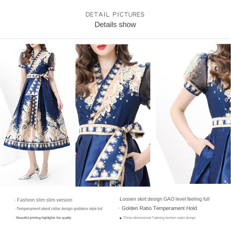Spring/summer wrap tie style V-neck balloon sleeve long vintage print dress