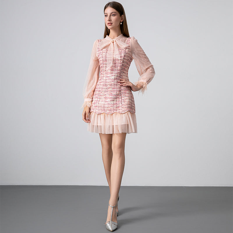 Original design: spring, summer, autumn, art lace stitching, colored tweed, small fragrance, big bow, ostrich feather dress