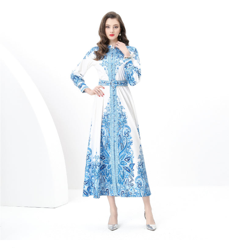 Original design: Spring, Summer, Autumn, resort style, vintage stand-up collar, single-breasted, lace panel, printed wide hem maxi dress