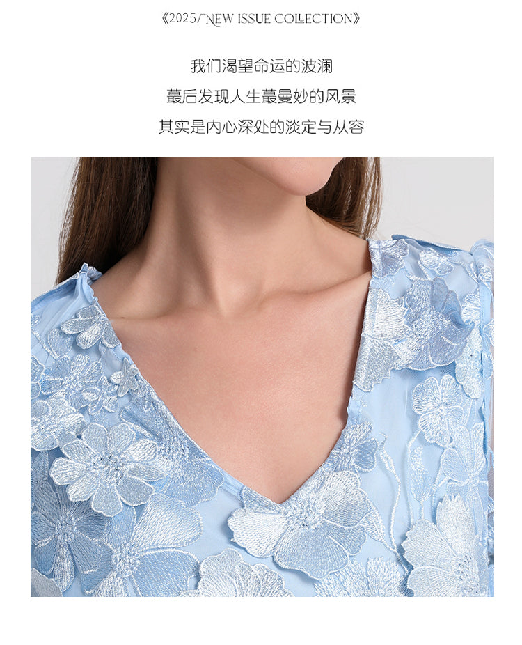 Artwork boutique handmade three-dimensional embroidered French solid color hem VL neck puff sleeve dress