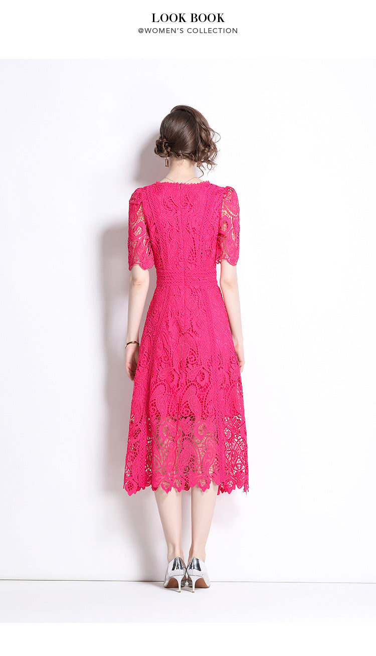 Original design temperament short sleeved skirt slim fit waist cinching heavy industry water-soluble lace dress for women