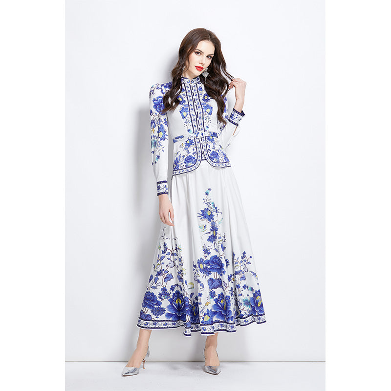 Original design for spring and summer ethnic style shirt top mid length skirt set