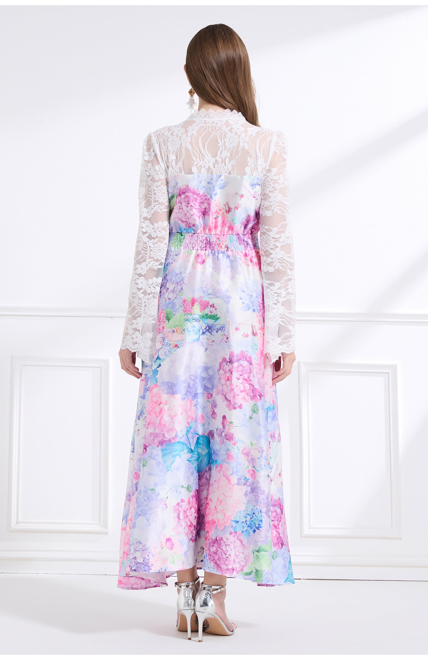 Original design - spring and summer resort style lace patchwork print waist maxi skirt ruffle dress
