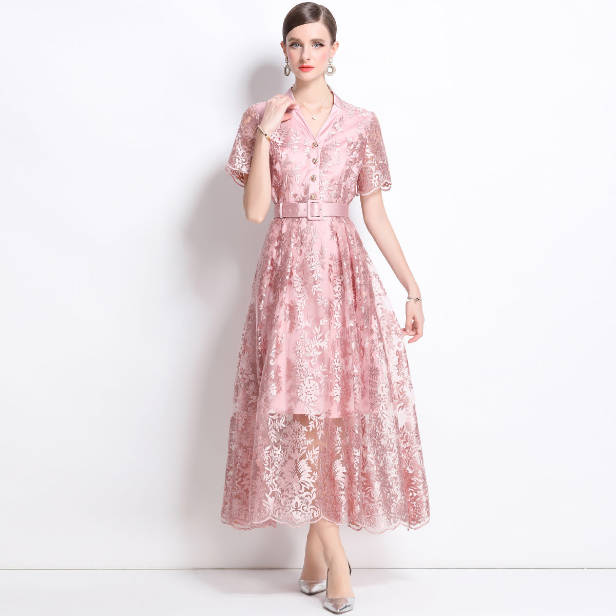 Original design mesh embroidered long dress with pockets, V-neck slim fit dress and belt