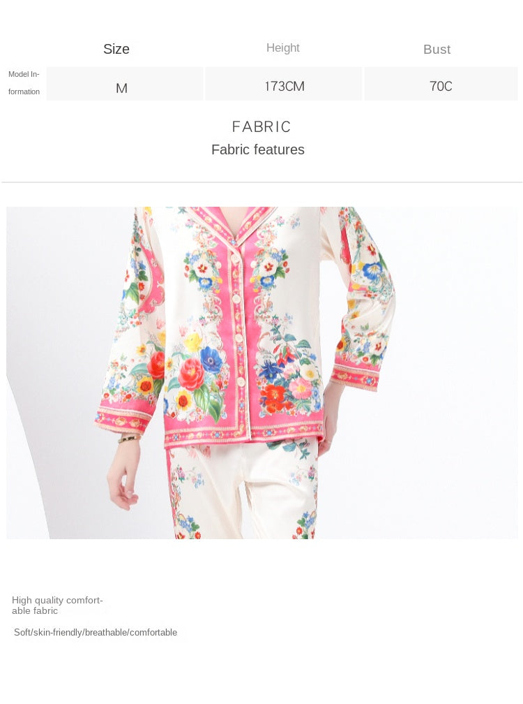 Original design: Spring, Summer, Autumn, Casual Trim, Pajama Set, Suit Collar, Long Sleeves, Long Pants, Printed Two-Piece Set