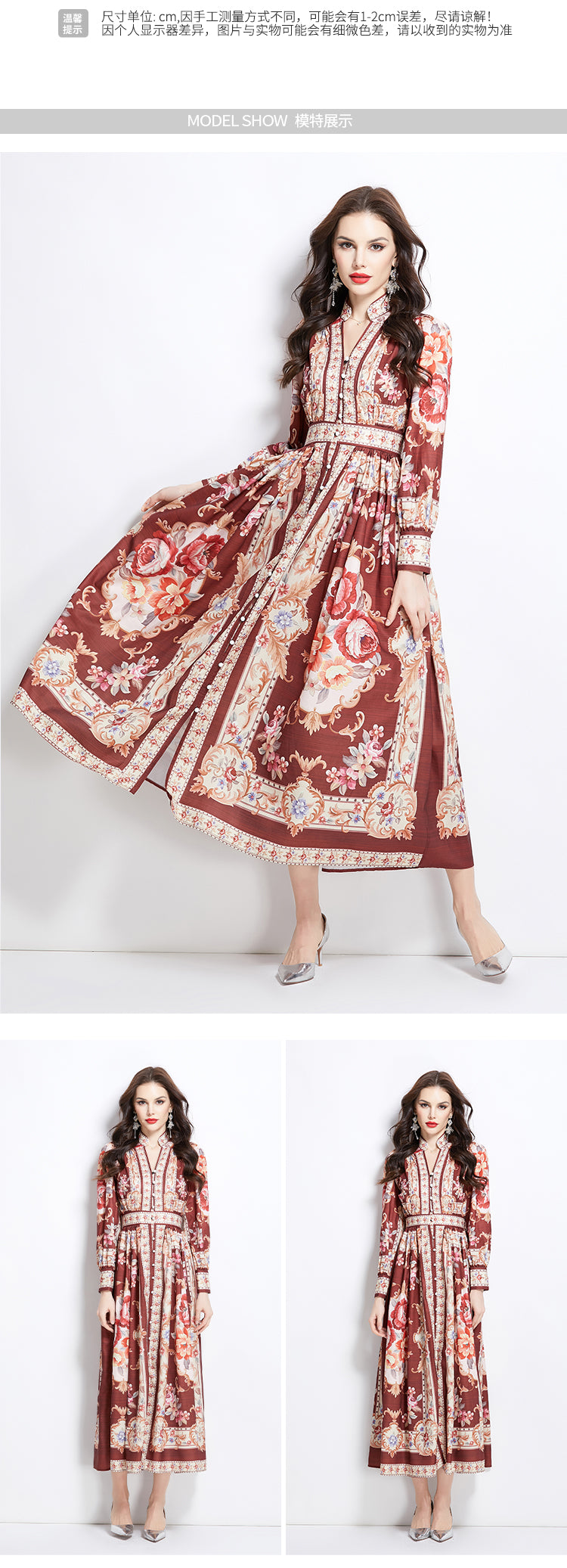 Original Design Spring/Summer Classical Palace Style Printed Flower Bouquet Waist Single breasted Long Dress