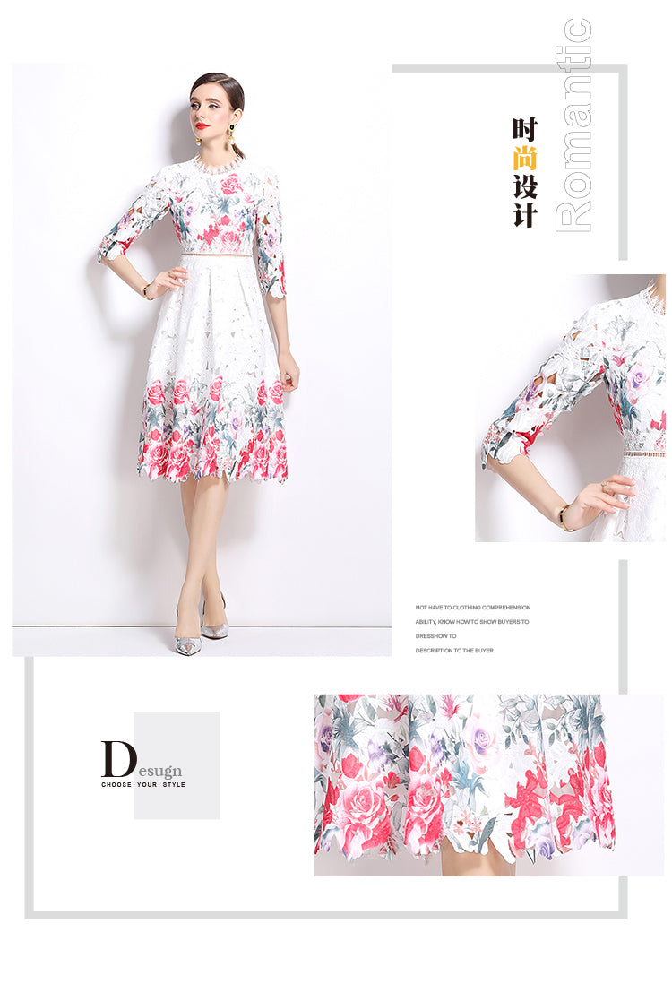 Original design mid long sleeved fashionable slimming hollow out water-soluble lace positioning mid length dress