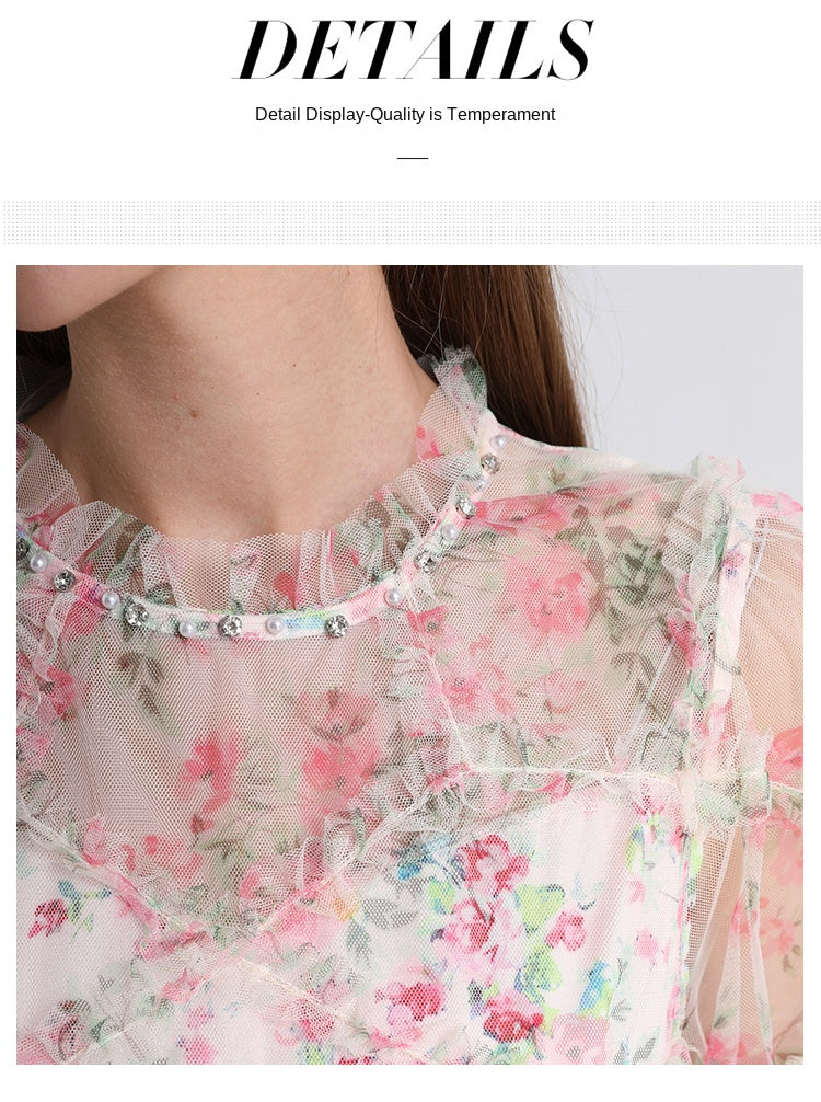 Original design heavy industry nail drill small floral French boutique mesh summer sweet dress