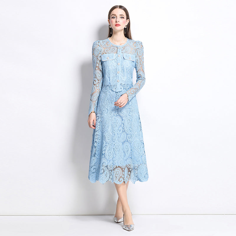 Original design for spring and summer small fragrance style set light luxury and high-end water-soluble lace skirt two-piece set