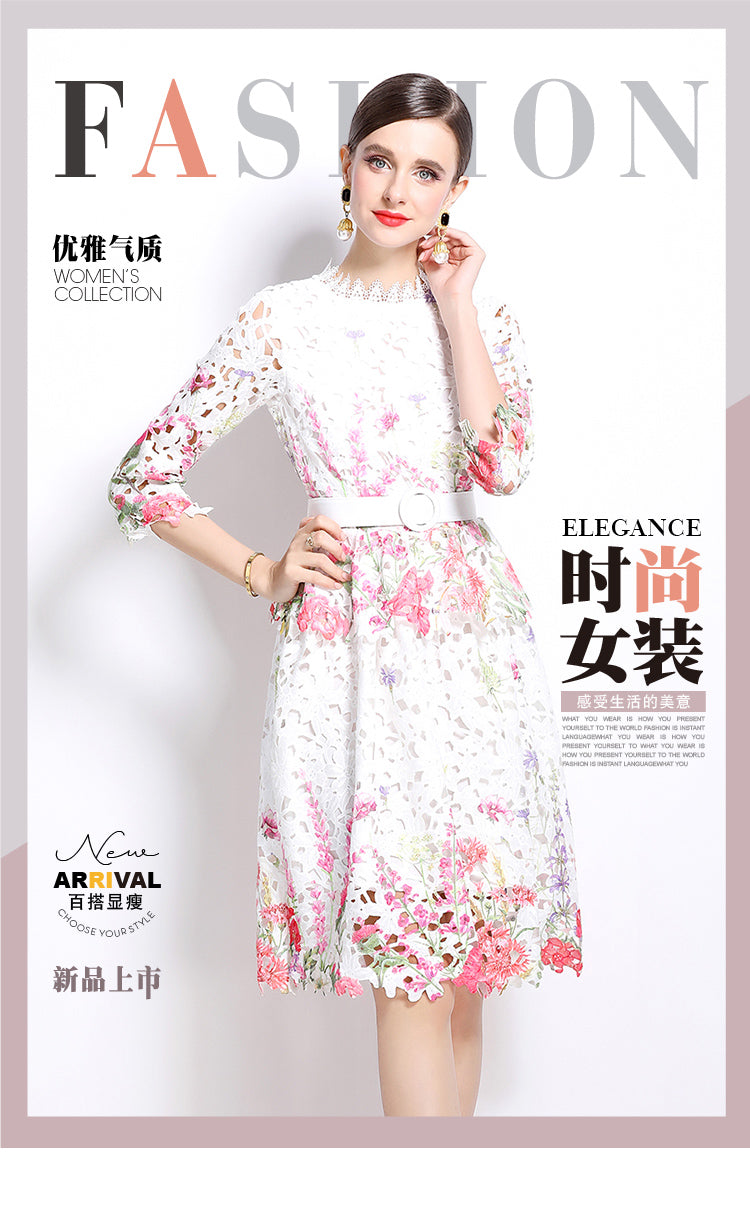 Original design mid long sleeved fashionable slimming hollow out water-soluble lace positioning mid length dress