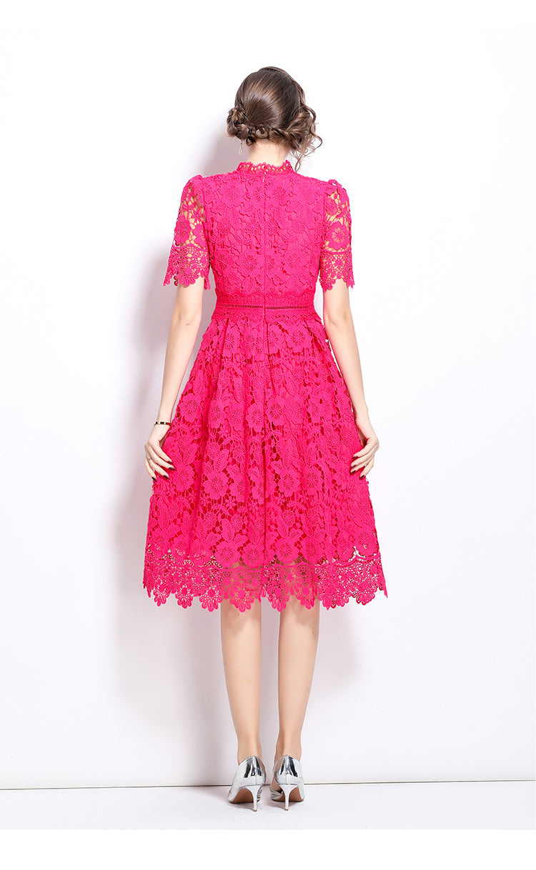 Original design short sleeved slimming hollow out water-soluble lace positioning mid length dress