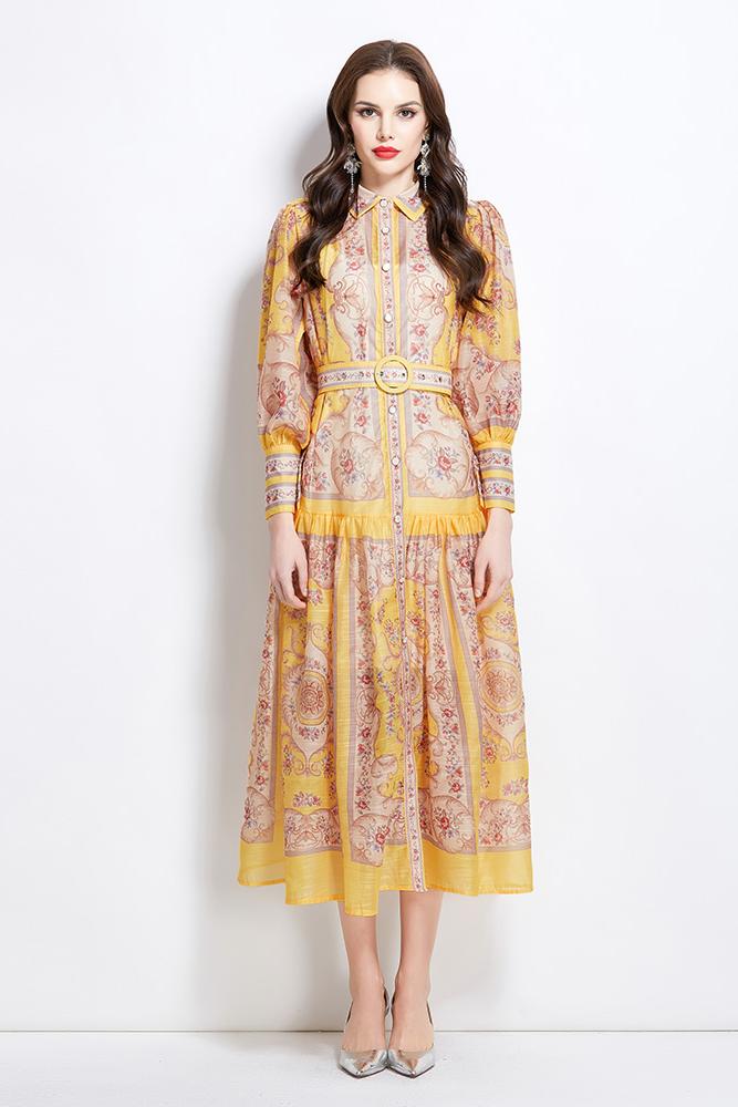 Original Design Spring/Summer Autumn Vacation Classical Palace Style Printed Bouquet Waist Single breasted Long Dress