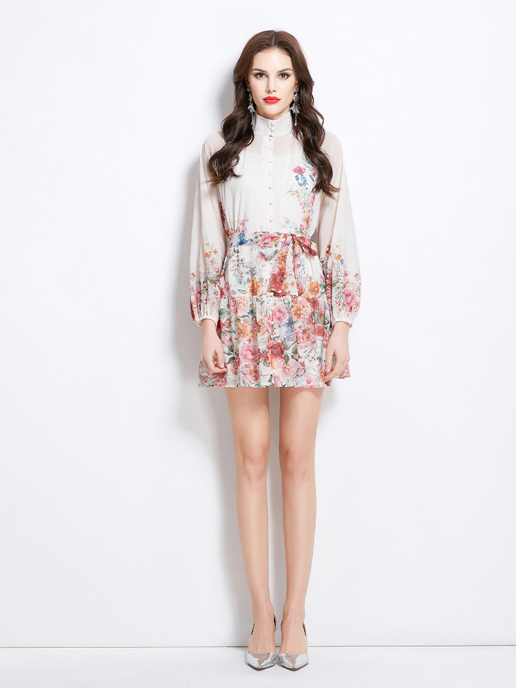 Original design for spring and summer vacation, new floral oil painting style stand up collar short dress