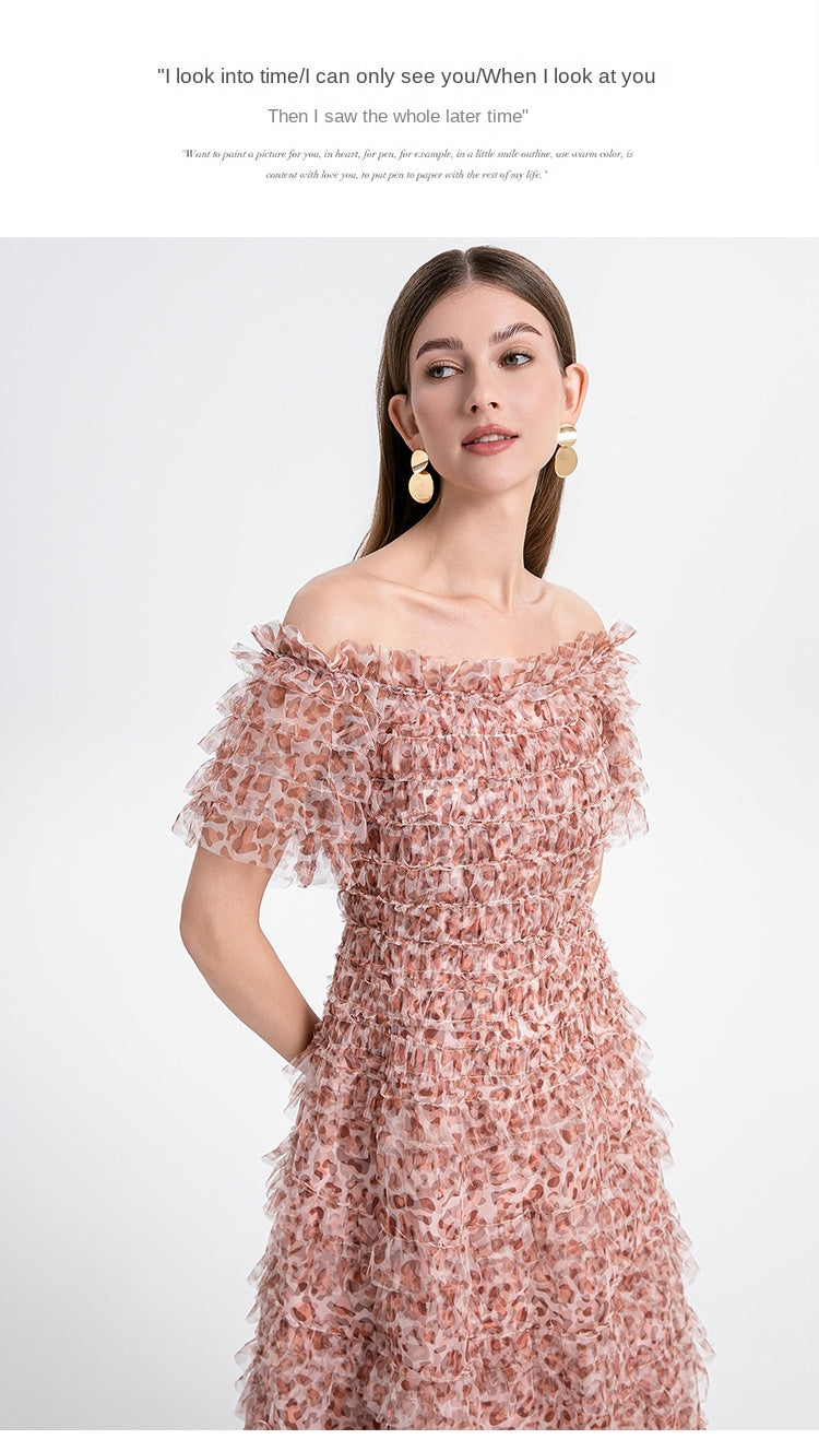 Beautiful French leopard print puff sleeve one-shoulder mesh temperament dress