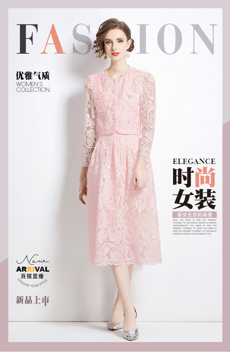Original design for spring and summer long sleeved small fragrance style set light luxury temperament water-soluble lace skirt two-piece set