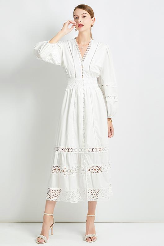 Original design fashionable temperament V-neck patchwork lace hollow out design sense long sleeved waist cinching dress