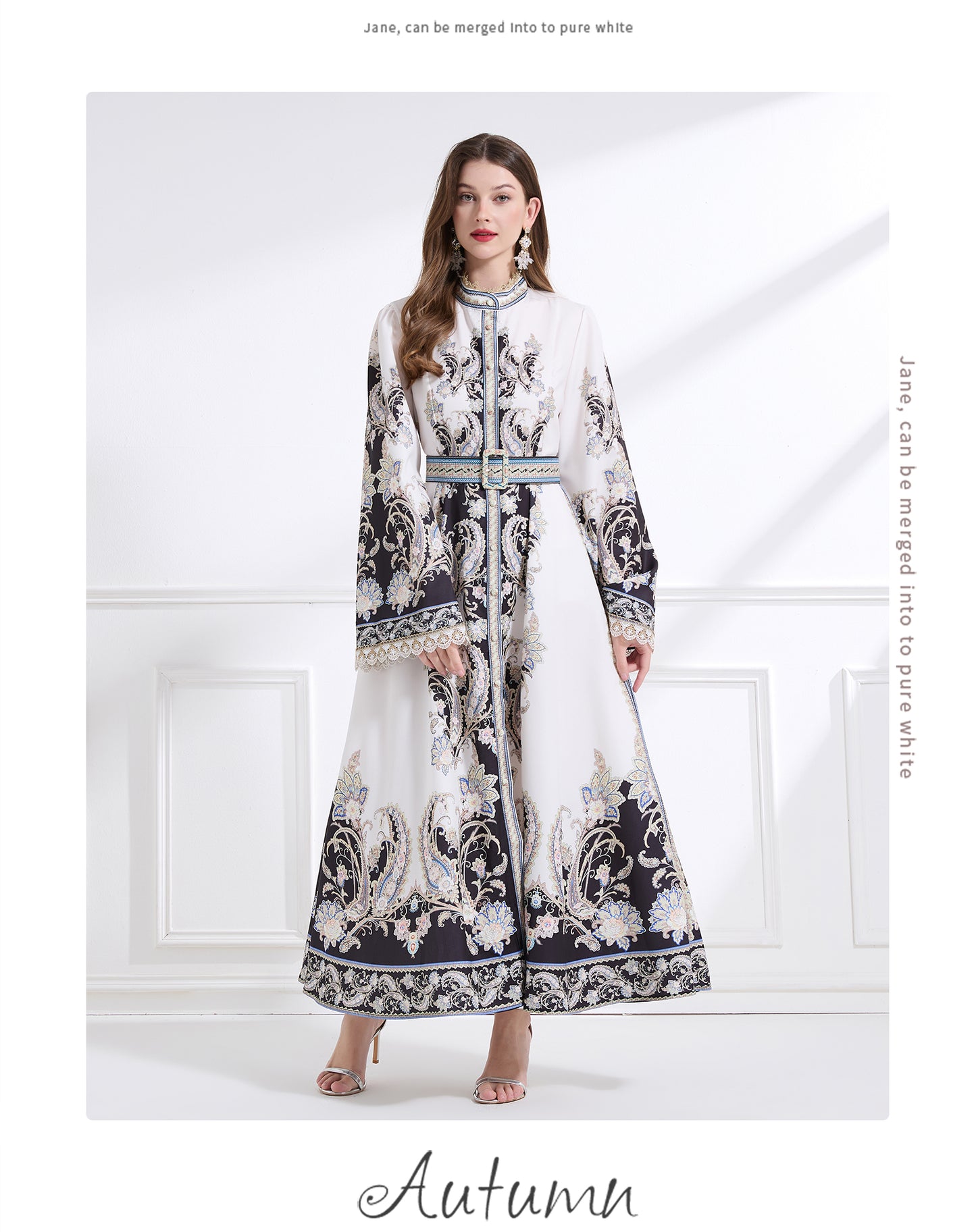 Original design - court-style vintage stand-up collar lace print tunic with large hem waist