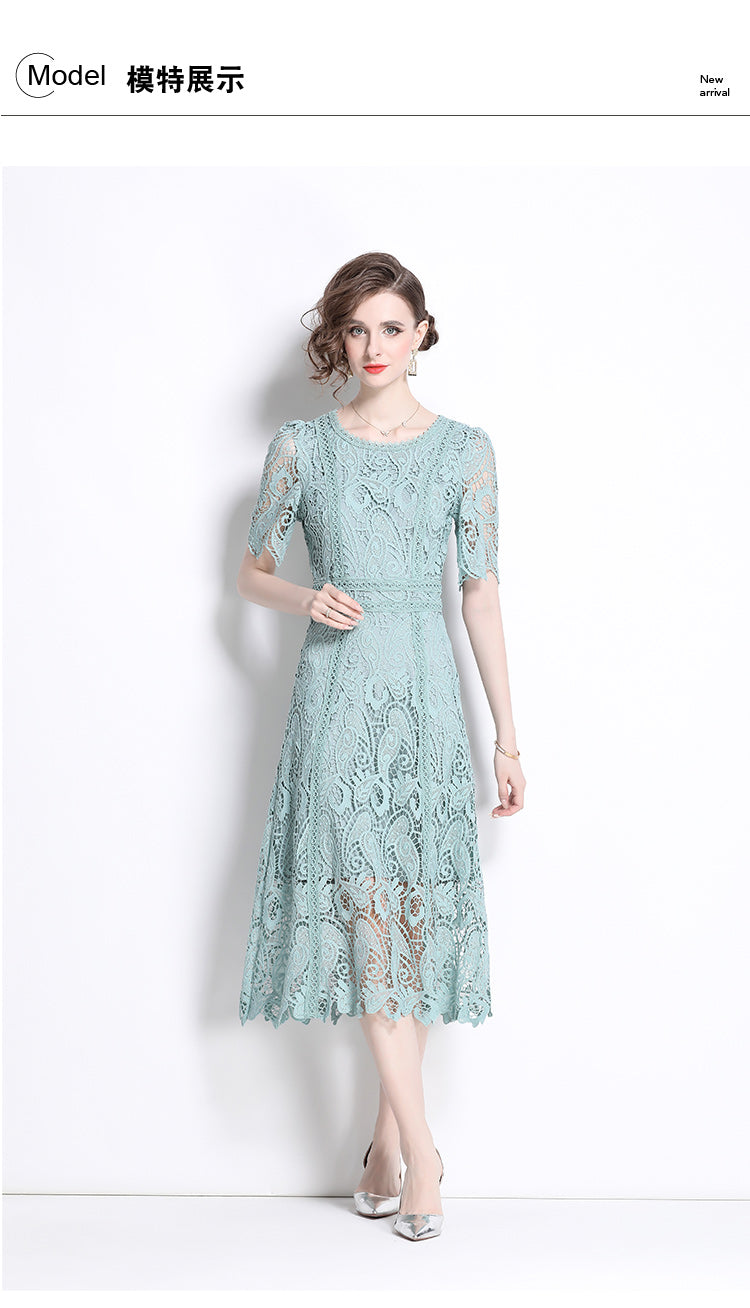Original design temperament short sleeved skirt slim fit waist cinching heavy industry water-soluble lace dress for women