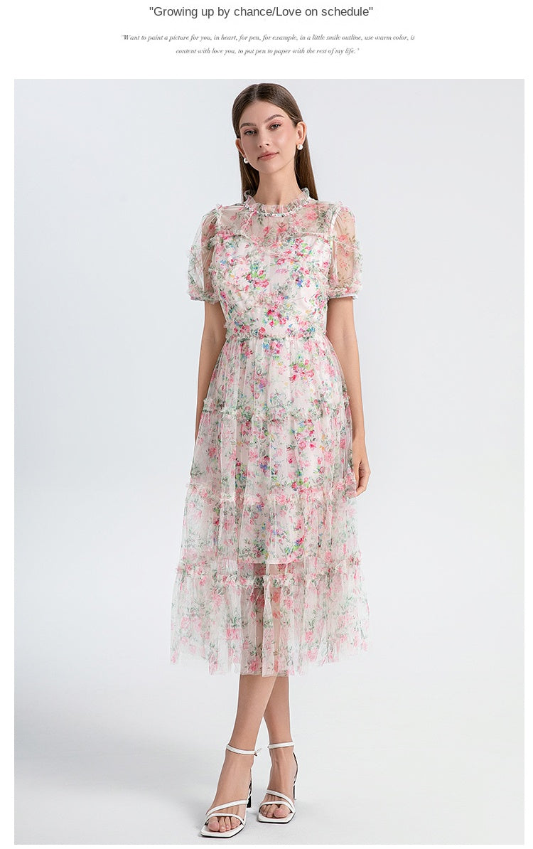 Original design heavy industry nail drill small floral French boutique mesh summer sweet dress