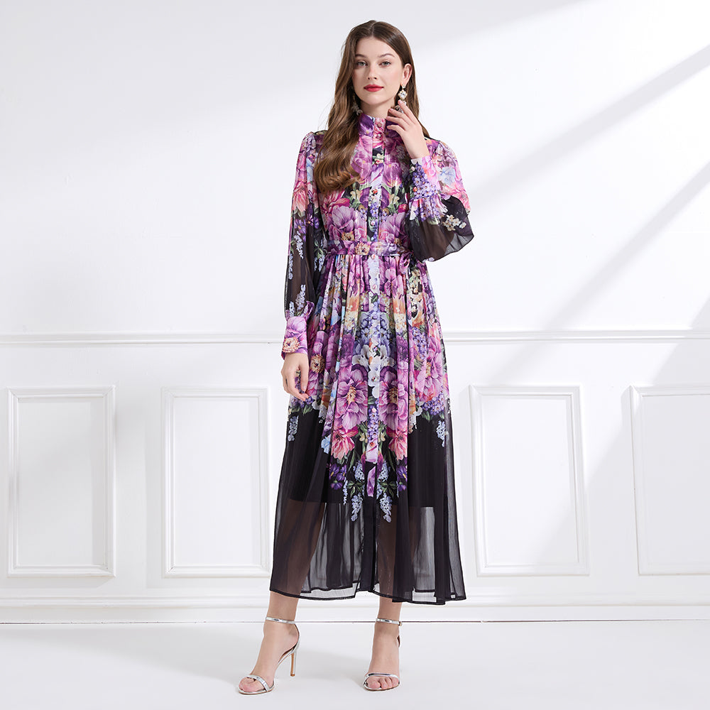 Original design - stand collar, watercolor, floral print, balloon sleeves, cinched waist, large skirt, ruffled skirt