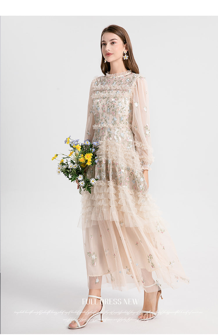 Original design spring, summer, autumn women's clothing pastoral forest temperament heavy industry color embroidered fungus edge swing dress