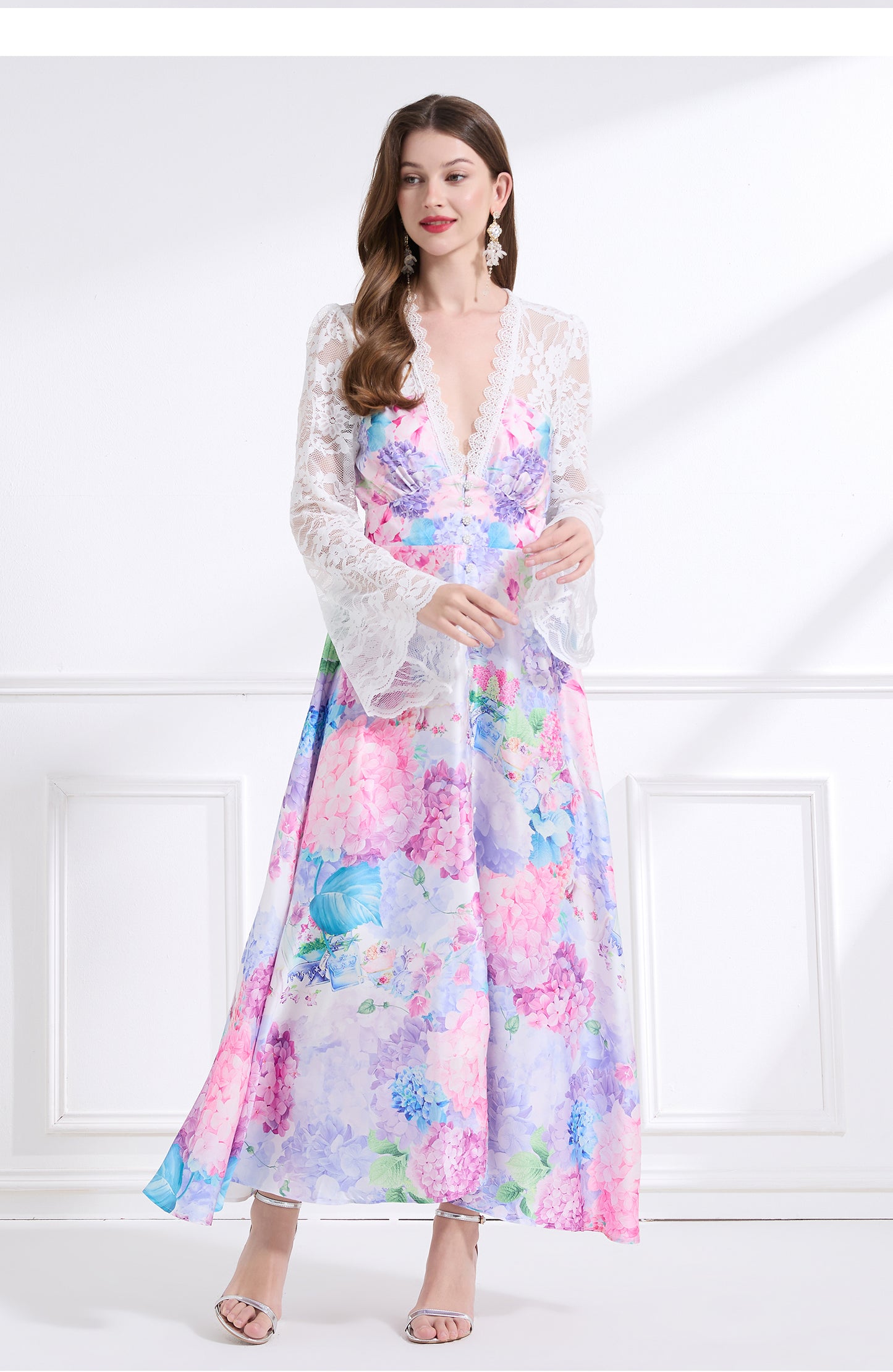 Original design - spring and summer resort style lace patchwork print waist maxi skirt ruffle dress