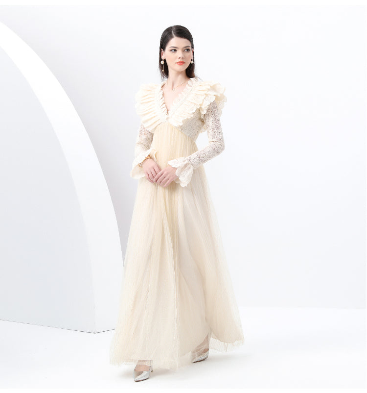 Original design: Spring, Summer, Autumn, resort style, embroidered lace, V-neck, long sleeves, lace and mesh maxi dress