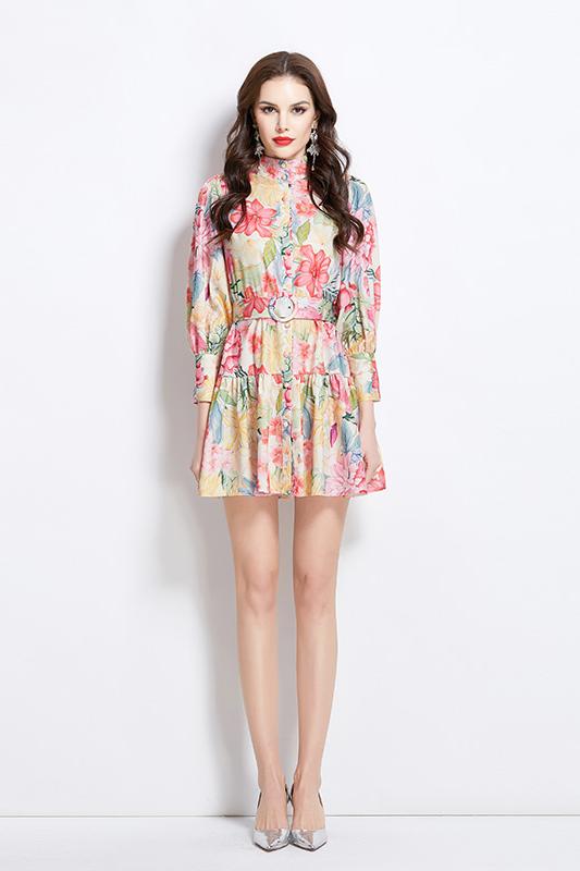 Original Design Spring/Summer Vacation New Watercolor Flower Printed Short Dress