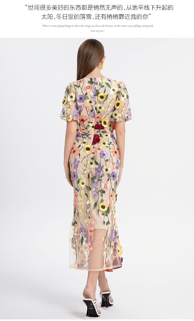 Handmade three-dimensional color embroidery puff sleeve wrap hip temperament mermaid tail skirt art handmade three-dimensional color embroidery puff sleeve hip wrap temperament mermaid skirt