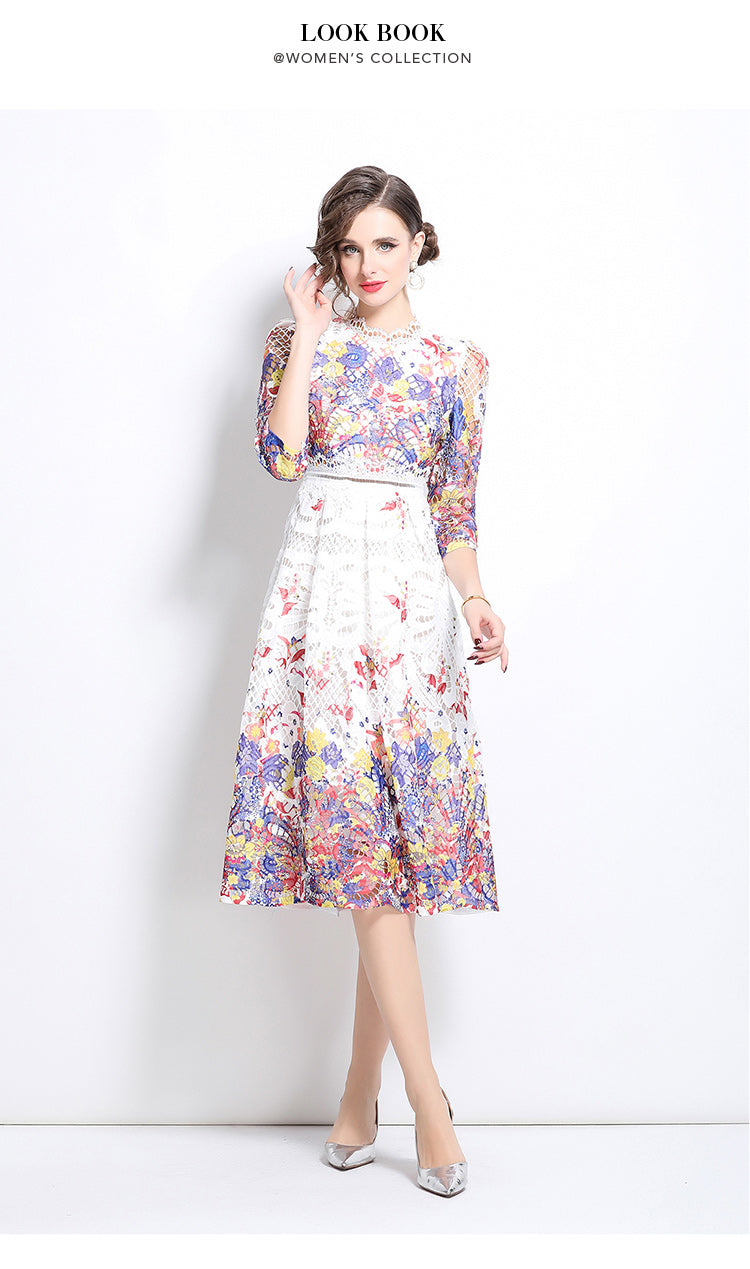Original design mid long sleeved fashionable slimming hollow out water-soluble lace positioning mid length dress