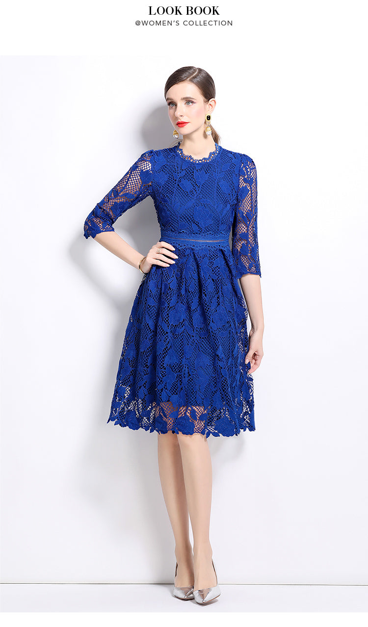 Original design mid long sleeved fashionable slimming hollow out water-soluble lace positioning mid length dress