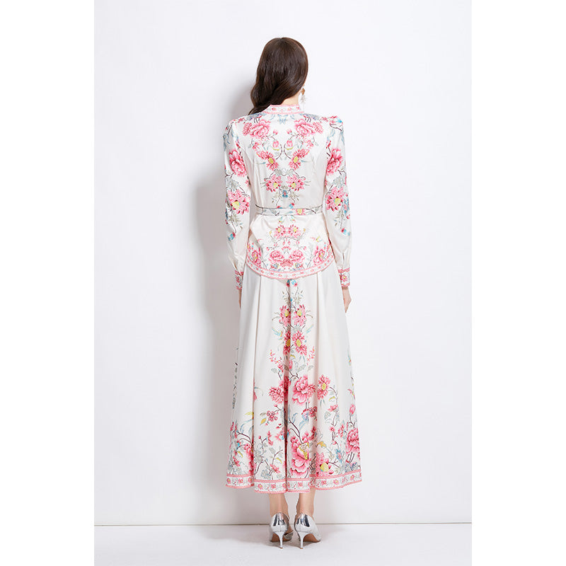 Original design for spring and summer ethnic style shirt top, mid length skirt set