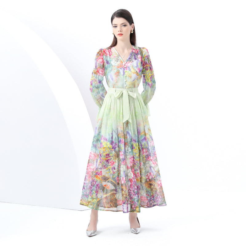 Original design - spring and summer real shot - spot light luxury heavy work chiffon splicing tape embroidery high-waisted thin temperament dress