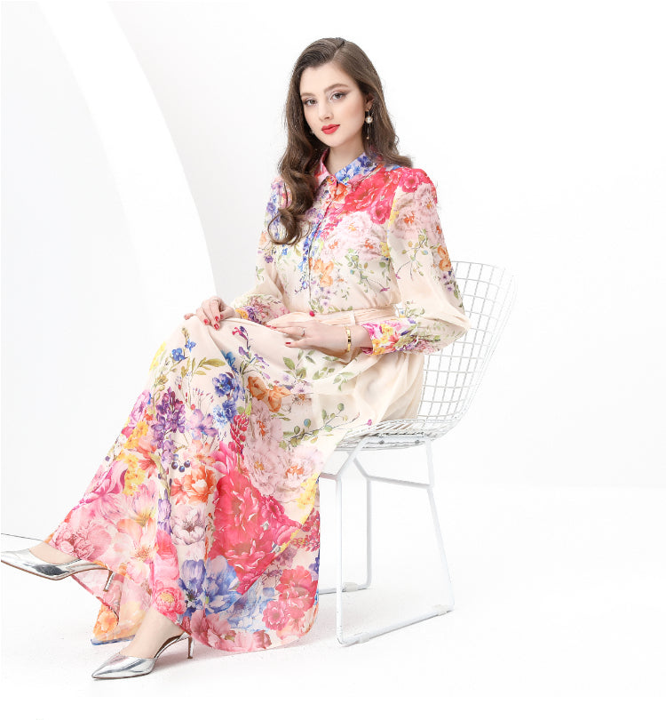 Original design: Spring, autumn and summer retro style balloon sleeve wavy edge long printed dress
