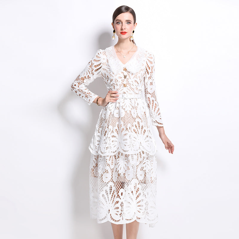 Original Design: Spring and Summer High End Water soluble Embroidered Medium length Skirt with V-neck and Waist cinching to Look Thin Dress